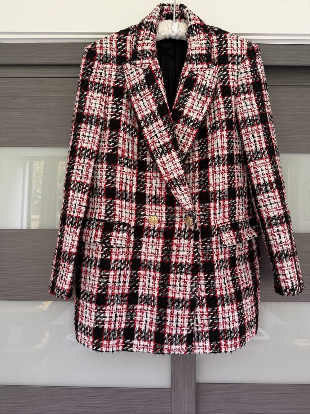 Zara Black White Red Plaid Tweed Double-Breasted Blazer